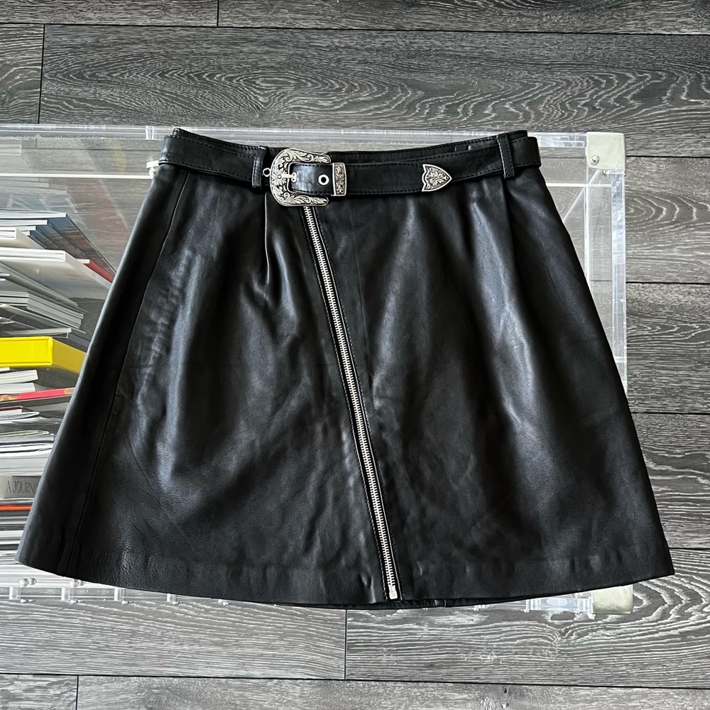 Maje Moto-Style Leather A-Line Skirt W/ Belt